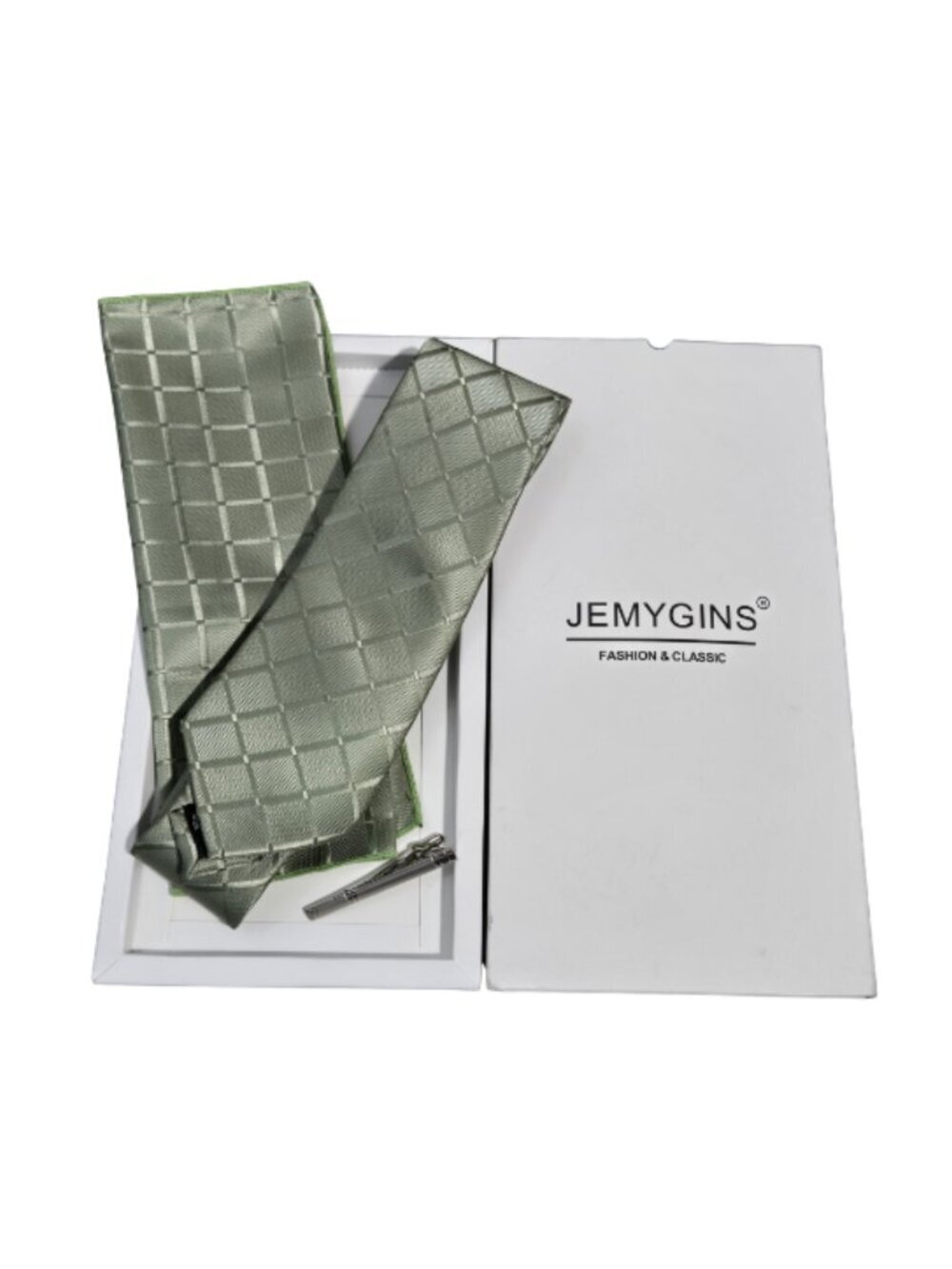NIB | JEMYGINS Sage Green Checkered Tie Set | Pocket Square | Tie Clip